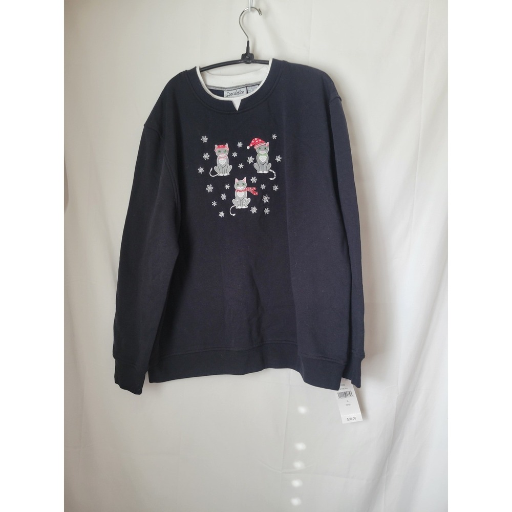 Speculation Women's XL Navy Blue Embroidered Cats & Snowflakes Sweatshirt Top